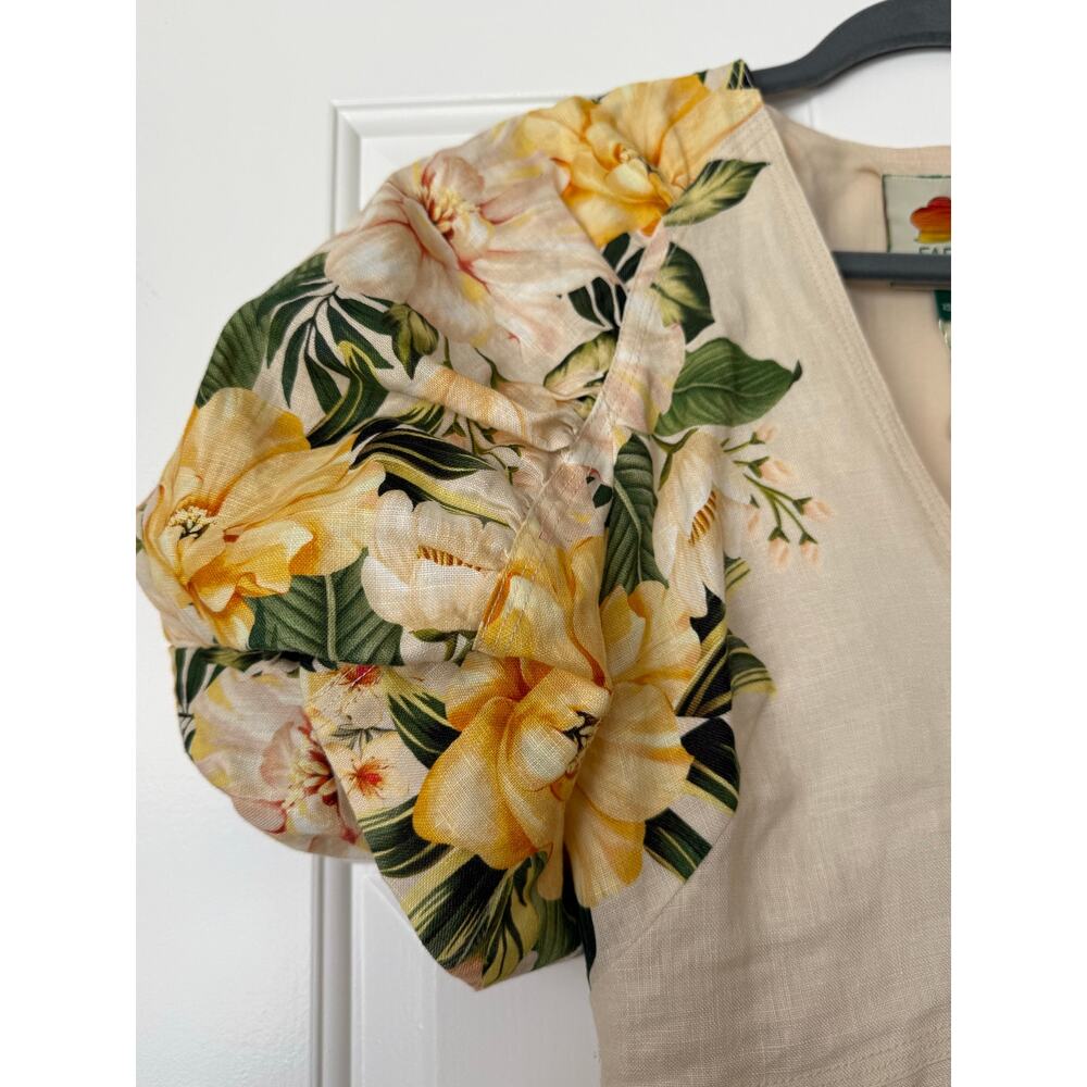 NWT Farm Rio Sand Garden Cascade Mini Dress Linen Puff Sleeve Short XS 0 2 - Picture 6 of 9